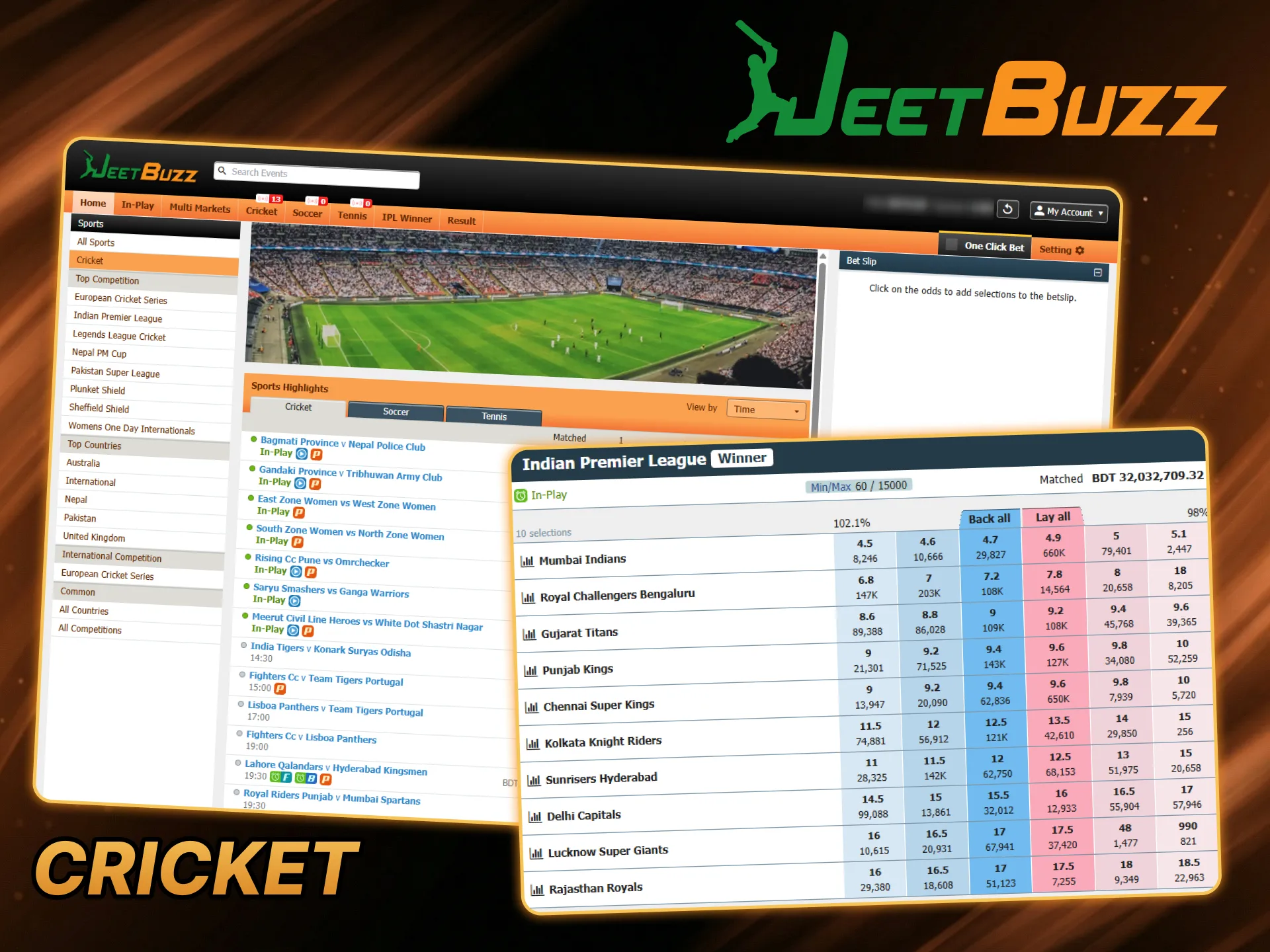 Bet on many cricket tournaments at JeetBuzz sportsbook.